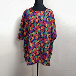 Vtg Nicola Blouse Women's 2X Multicolor Geometric Artsy‎ Fun Button Back Boho